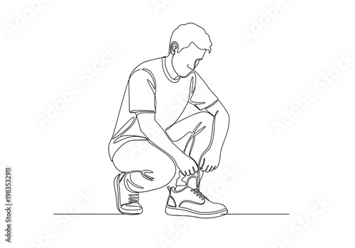 Man tying shoelaces while crouching minimal line art illustration