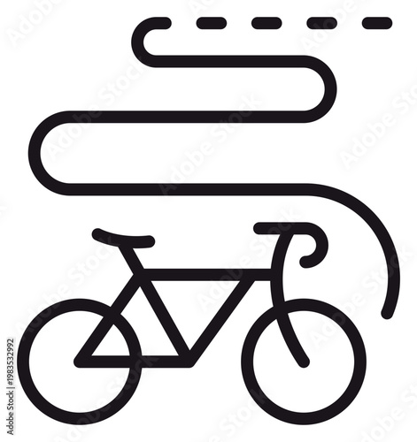 Minimalist black vector icon of a bicycle with a winding road path above it, representing cycling routes, travel journeys, outdoor fitness, and bike trails, isolated on a white background.
