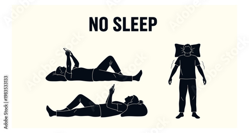 Silhouettes of people unable to sleep while looking at phones or tossing in bed