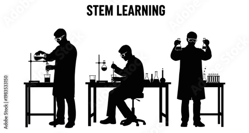 Silhouettes of scientists performing experiments in a laboratory during stem education