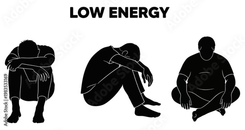 Silhouettes of three men in poses of exhaustion and low energy against a white background