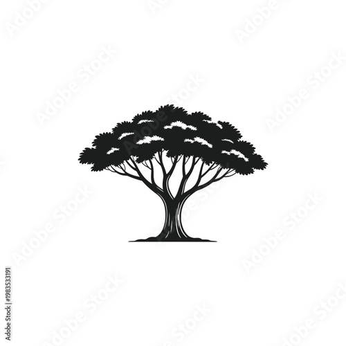 Simple black silhouette of a large bushy tree against a white background