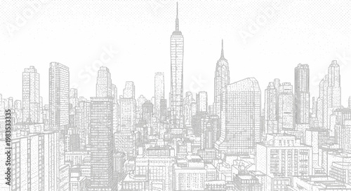 Gray sketch of a dense city skyline with tall buildings and skyscrapers under a light sky