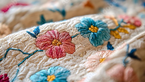 Exquisite floral embroidery on textile, showcasing a beautiful display of artistry, details, and delicate craftsmanship.