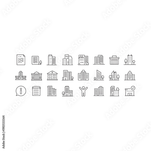 Collection of minimalist line art icons depicting various building types and structures