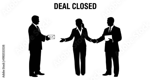 Business people shaking hands after successful deal closure with envelope and document