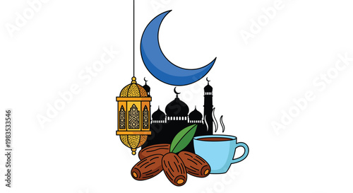 A vibrant blue crescent moon hangs gracefully over a meticulously detailed golden lantern and a steaming cup of coffee against a clean white backdrop.