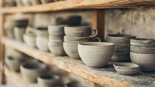 A display of neatly arranged pottery on wooden shelves, showcasing a variety of handmade ceramic cups and bowls