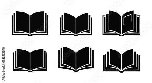 Six black book icons displaying open pages a distinct silhouette