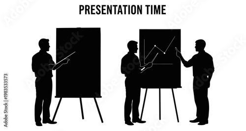 Business professionals giving presentation during meeting with flip charts and graphs