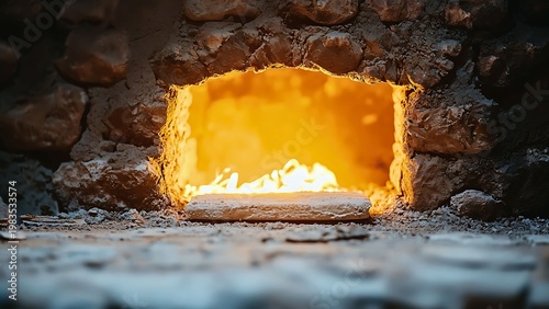 The warm glow of fire emanating from a traditional stone oven, creating a cozy and inviting atmosphere