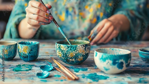 A person engrossed in the art of painting ceramic bowls, showcasing their creativity and skill. The image captures the hands of the artist at work, with bowls and brushes around.