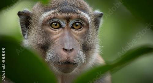 Monkey face in green leaves jungle.
