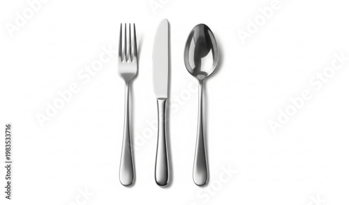 Silver fork knife and spoon set aligned realistic cutlery PNG isolated on white background