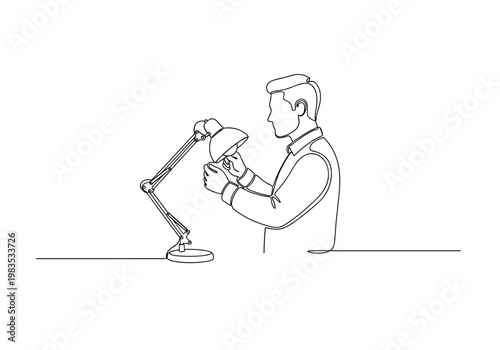Man adjusting desk lamp while working minimal line art illustration