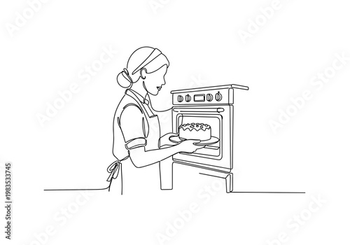 Woman placing tray into oven minimal line art illustration
