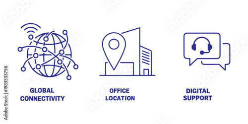 Business Icons Set: Global Connectivity, Office Location, Digital Support