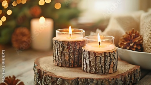 Two candles burning brightly with warm glow, positioned on a wooden surface with a cozy atmosphere