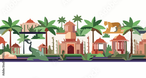 Colorful Indian jungle border pattern with Taj Mahal tiger and peacock in modern flat vector style