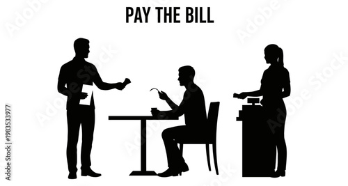 Customer paying bill at cafe counter with cashier and waiter silhouettes