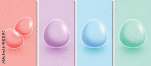 Abstract 3D Glass Egg Shapes Collection with Soft Pastel Gradient Backgrounds and Minimal Transparent Design for Modern Posters and Creative Templates