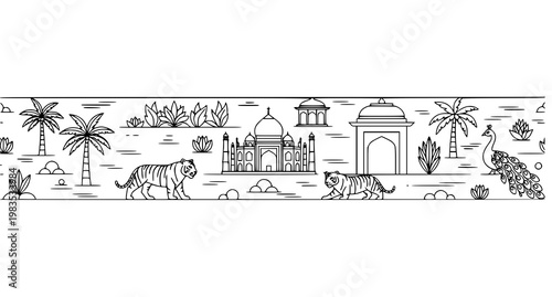 Minimal Indian toile jungle border with Taj Mahal peacock and tiger in elegant monoline vector