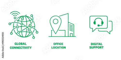 Global Business Icon Set: Connectivity, Office Location, and Support