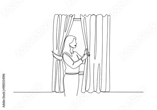 Woman opening curtains while holding smartphone minimal line art