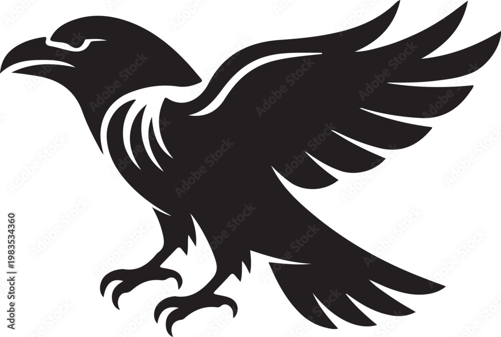 Fototapeta premium Black Silhouette of a Bird with Outstretched Wings and Claws