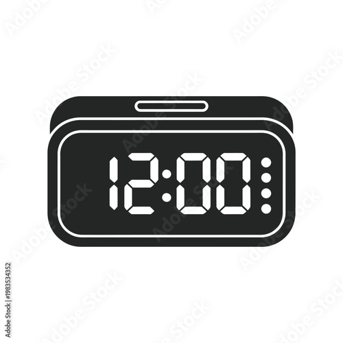 Simple black silhouette of a digital alarm clock displaying twelve o clock