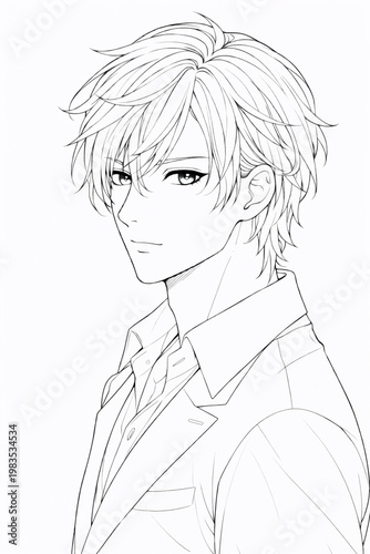 Anime coloring page with a male portrait and expressive facial features. Clean black line art, ideal for coloring, creative projects and digital coloring.