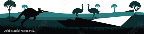Australian wildlife silhouettes with kangaroo and emus in stylized landscape, minimal vector art nature scene illustration
