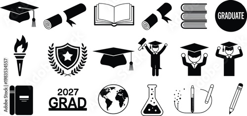 Graduation icons 2027 education design, academic success, diplomas, books, globe, torch, shield, laurel wreath, student achievement, learning milestone, celebration