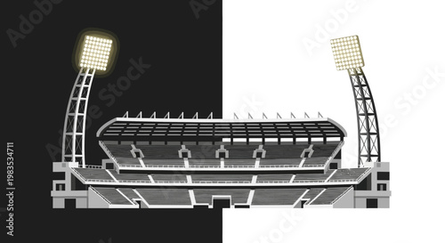 A large sports stadium with floodlights.