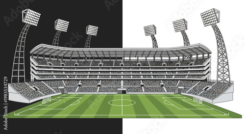 A large soccer stadium with green field.