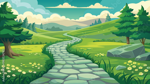 A serene stone path winds through a peaceful green meadow surrounded by tall pine trees and hills Vector