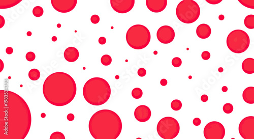 A playful, random scattering of vibrant red circles on a clean white background