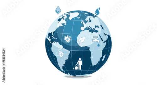 A detailed blue world globe displays various white sustainability icons like water taps and leaf shields against a clean and bright white background.