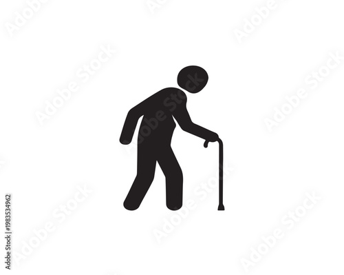 Minimalist silhouette of elderly person walking with cane, dark blue figure, light blue cane, bent posture, accessibility icon, aging support, healthcare mobility aid, high-contrast vector