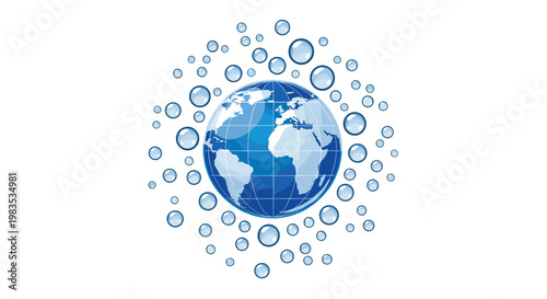 A vibrant blue planet earth is surrounded by a circular halo of shimmering translucent water droplets against a pristine and minimalist white backdrop.