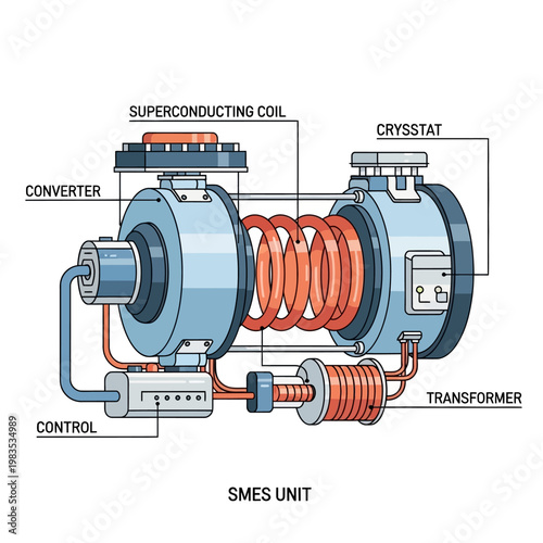 SMES Unit Diagram: Superconducting Coil, Cryostat, Converter, Transformer
