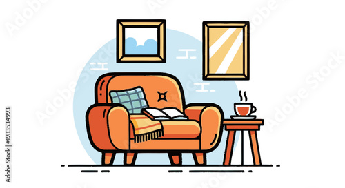 Brown Armchair with Blue Pillow.