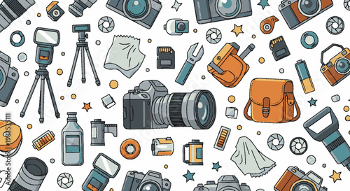 Collection of various camera equipment.