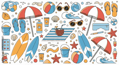 Colorful beach vacation icons and symbols.