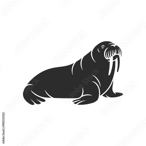 A striking black silhouette depicts a walrus resting on a surface