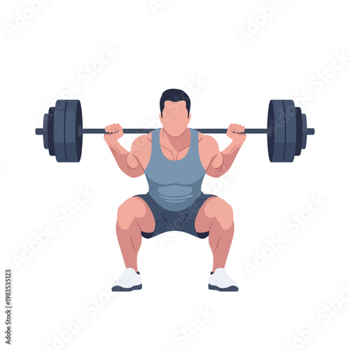 Man Performing Barbell Squat Exercise, Bodybuilder Training Strength