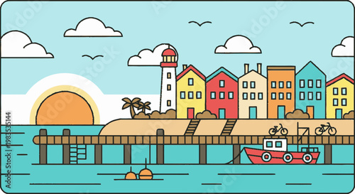 Colorful cartoon boat on water.