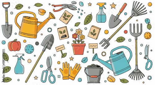 Colorful gardening tools and equipment.