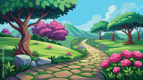 A vibrant landscape painting featuring a stone path winding through a lush garden with trees Vector