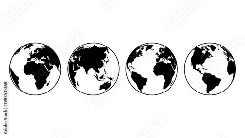 Four globes showing the continents of the world in different orientations Vector